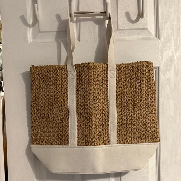 Show Me Your MuMu Natural Tan Woven Tote with Cream Trim - Picture 1 of 2